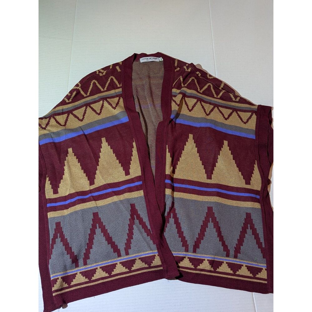 Cotton Emporium Southwest Poncho Open Cardigan Cape M Red Tan Side Buttons USA